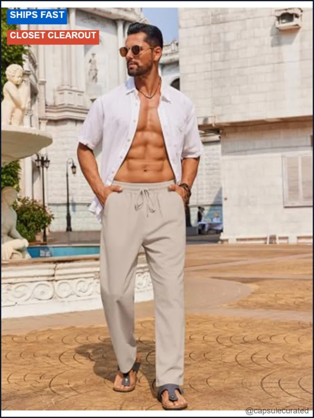Men's Casual Linen Pants Loose Fit Elastic Waist Drawstring Lightweight Summer